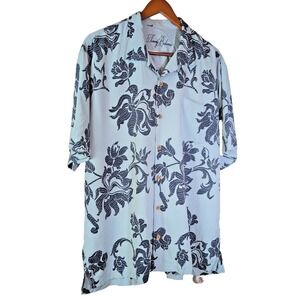 Tommy Bahama XL 100% Silk Camp Shirt Blue Tropical Floral Vacation Beach Island